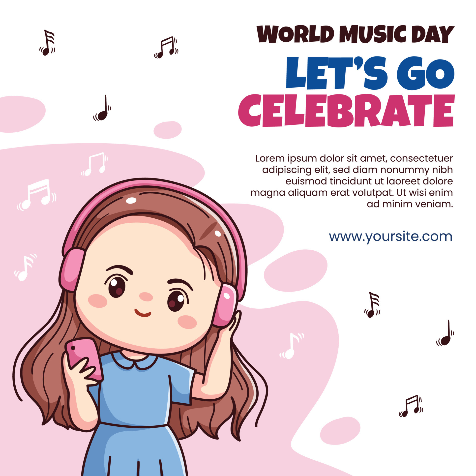World music day instagram post cute happy girl kawaii chibi character with  headphone social media template 23608007 Vector Art at Vecteezy