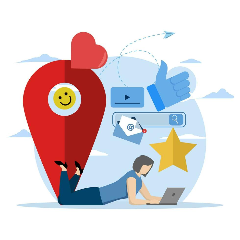 communication via Internet, social network, chat, video, news, message, website, find friends, mobile web graphic, Colorful flat vector illustration.