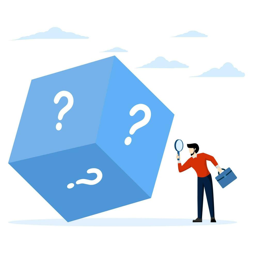 unknown or uncertain concept, Random or chance to win, gamble, risk management or opportunity analysis, future prediction, businessman with magnifying glass analyzing dice with question mark. vector