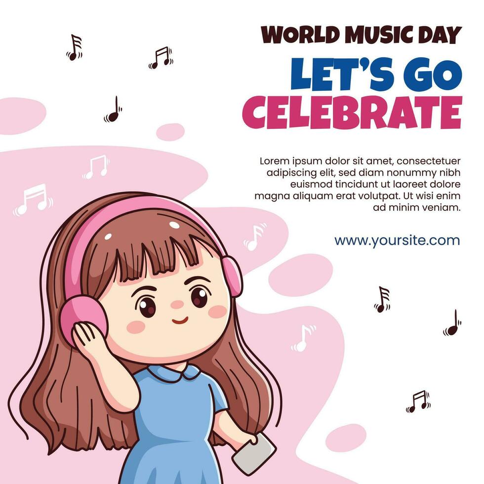World music day instagram post cute happy girl kawaii chibi character with headphone social media template vector