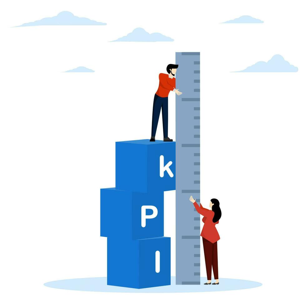 kpi concepto, llave actuación indicador medición a evaluar éxito o reunirse objetivos, métrica o datos a revisión y mejorar negocio concepto, hombre en pie en kpi caja medición actuación. vector