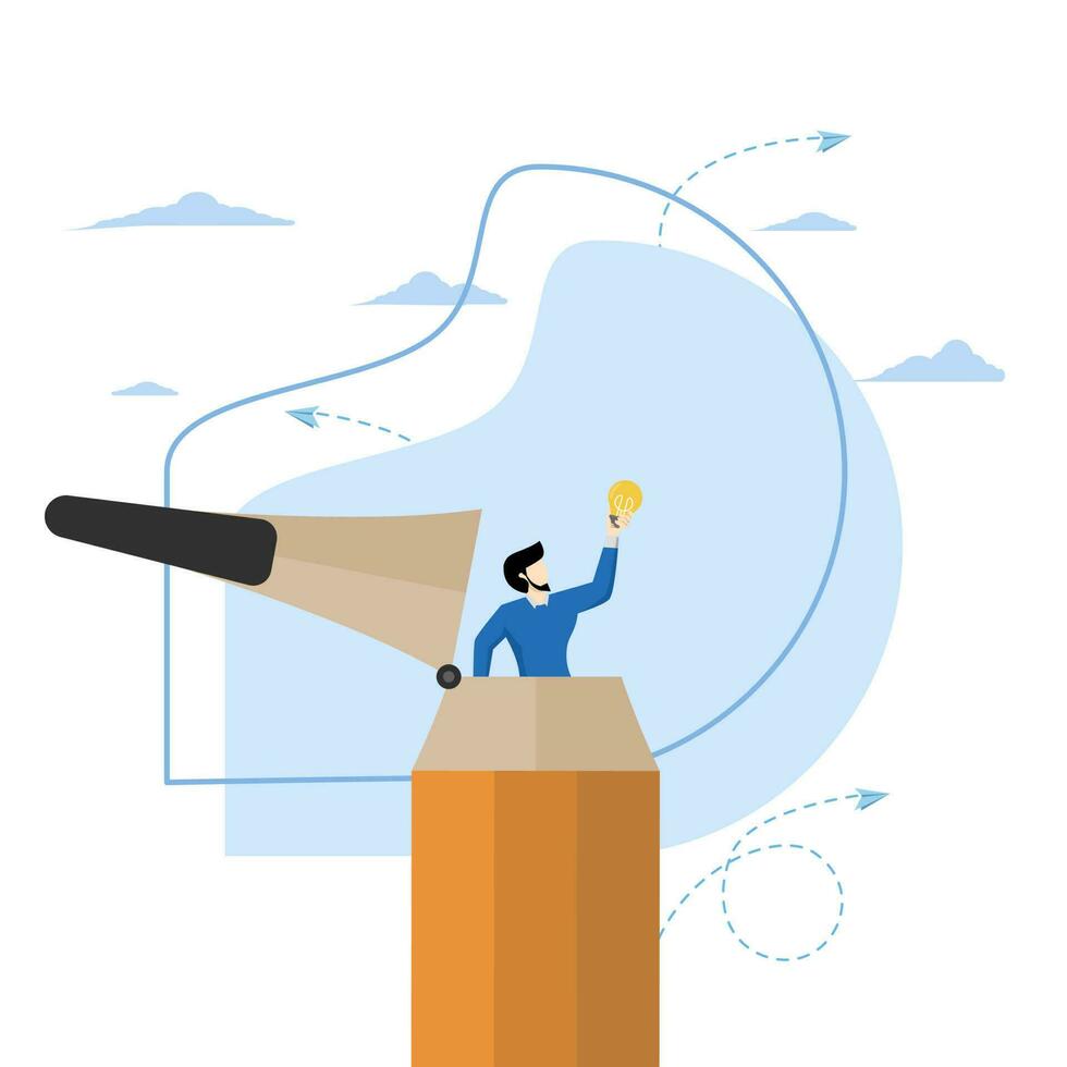 content Creative idea, inspiration or imagination to think of new ideas, learn knowledge or writing concept, creativity, creative young man open the top of the pencil find a new light bulb idea. vector