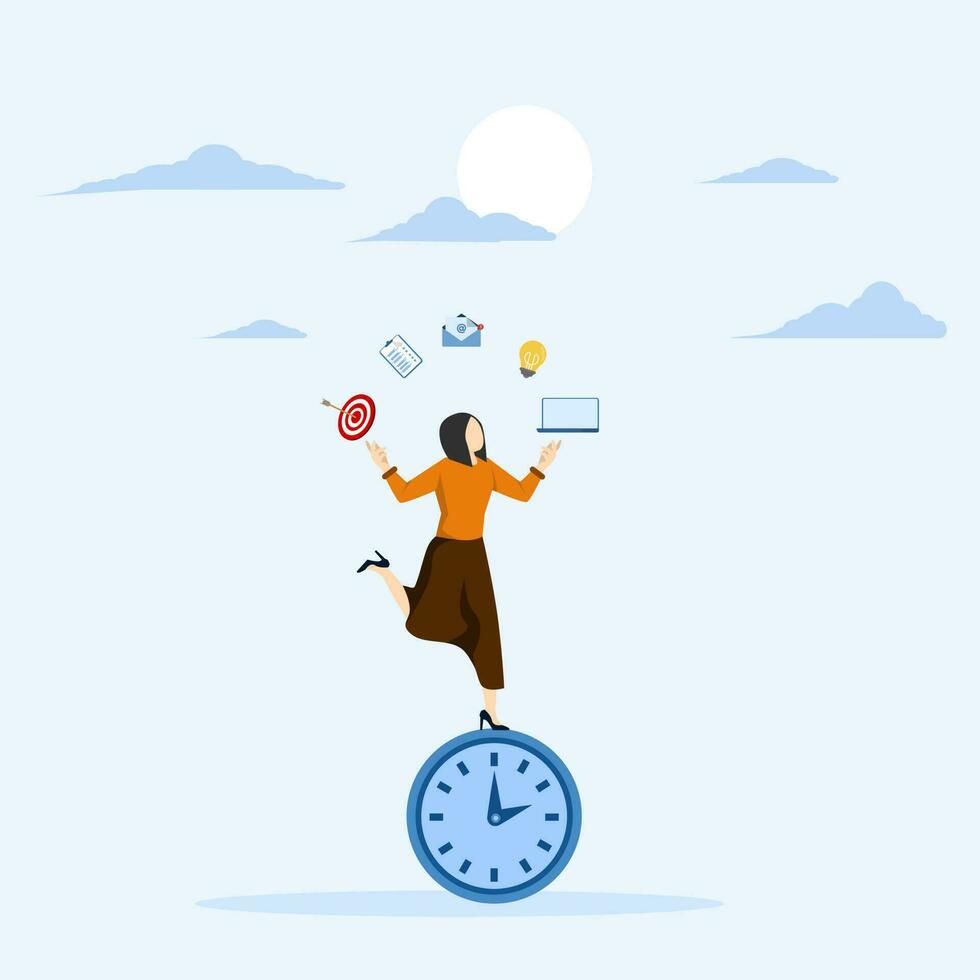 Productive woman, productive business woman balancing time managing multiple tasks. multitasking or time management, productivity or entrepreneurship, work efficiency or managing schedules. vector