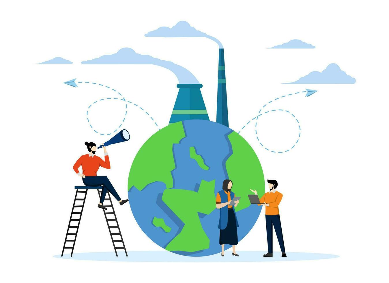 planetary pollution, emission of harmful substances to the environment, working factories, Earth Day concept, ISO 14001 concept, Vector illustration.