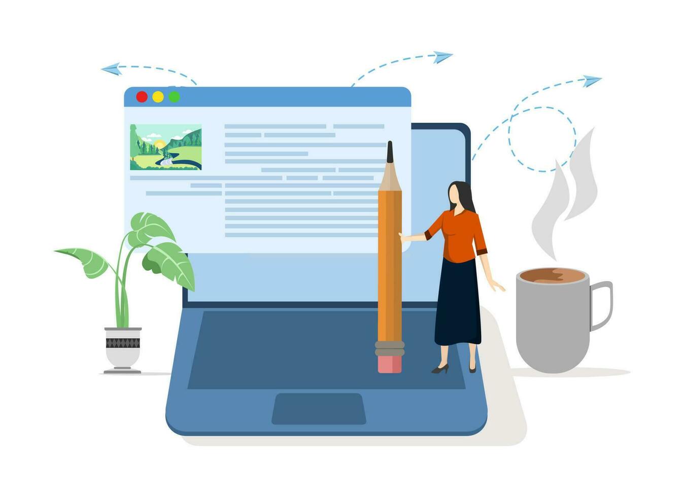 concept of freelance journalist, content writer, creative woman holding pencil with content on website. blogger or journal, publishing editor or online article writing, copywriter for advertisements. vector