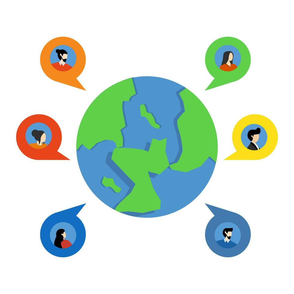 business people around the world, online communication, online meeting with all corners of the world, global business concept, earth with chat bubble icon and business people. vector