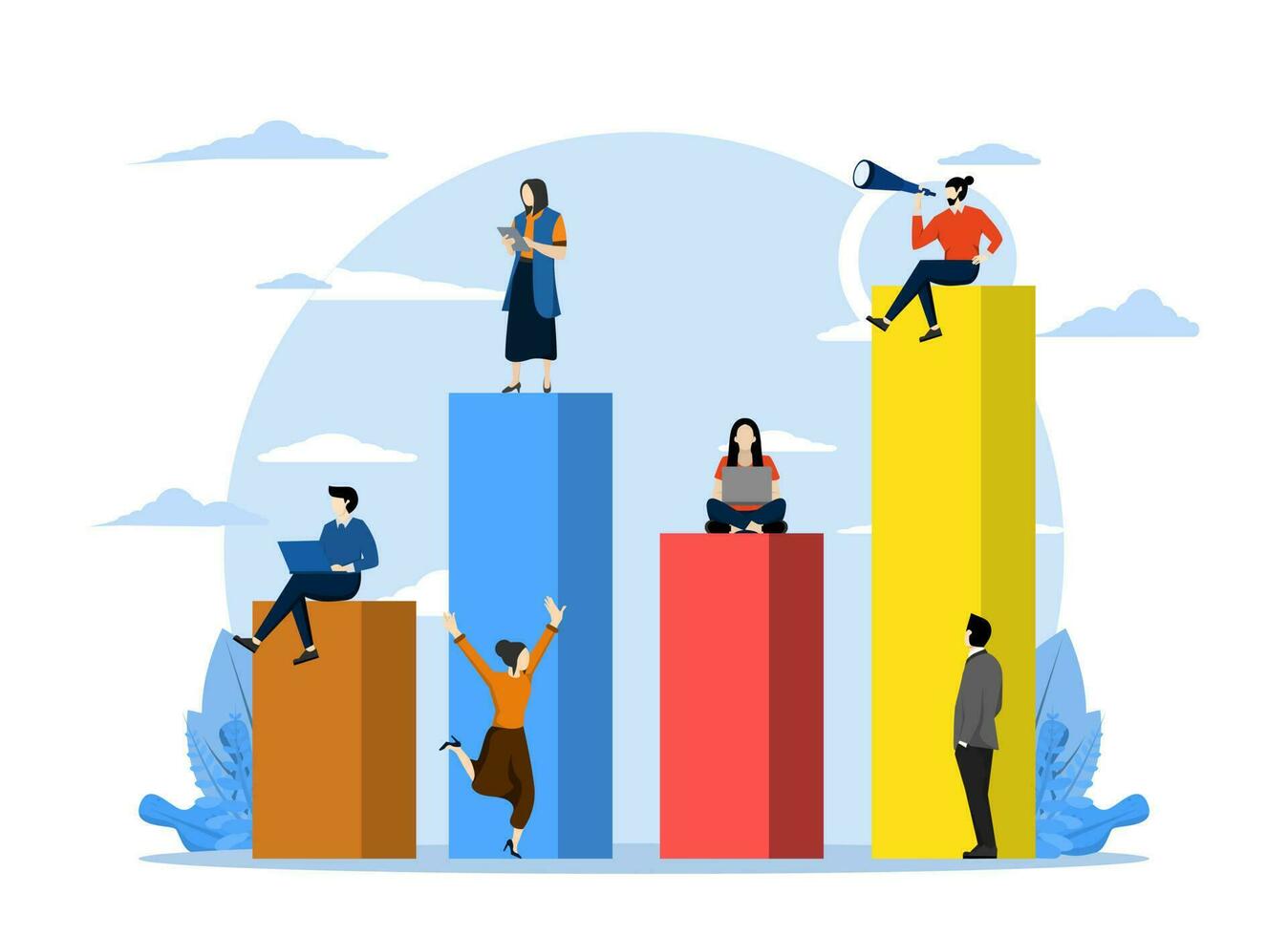 business growth concept, companies engaged in construction together column graph, career rise to success, flat color icon, business analysis vector, vector creative illustration of a graph.