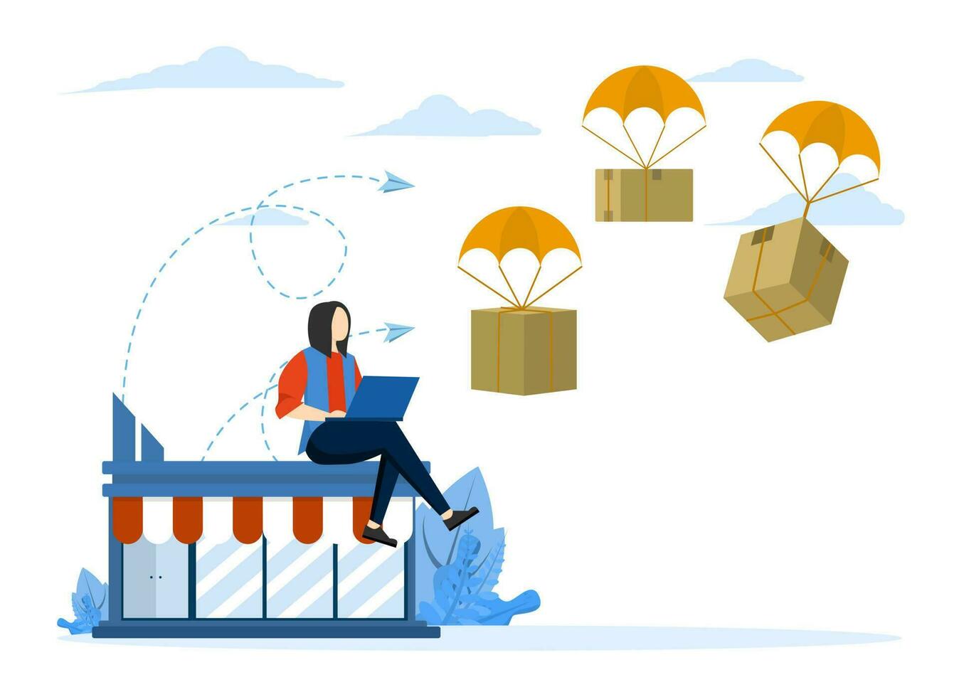 Dropshipping business model with opening e-commerce website shop and supplier deliver product directly to customer, businessman using computer with flying parachute drop ship package delivery vector