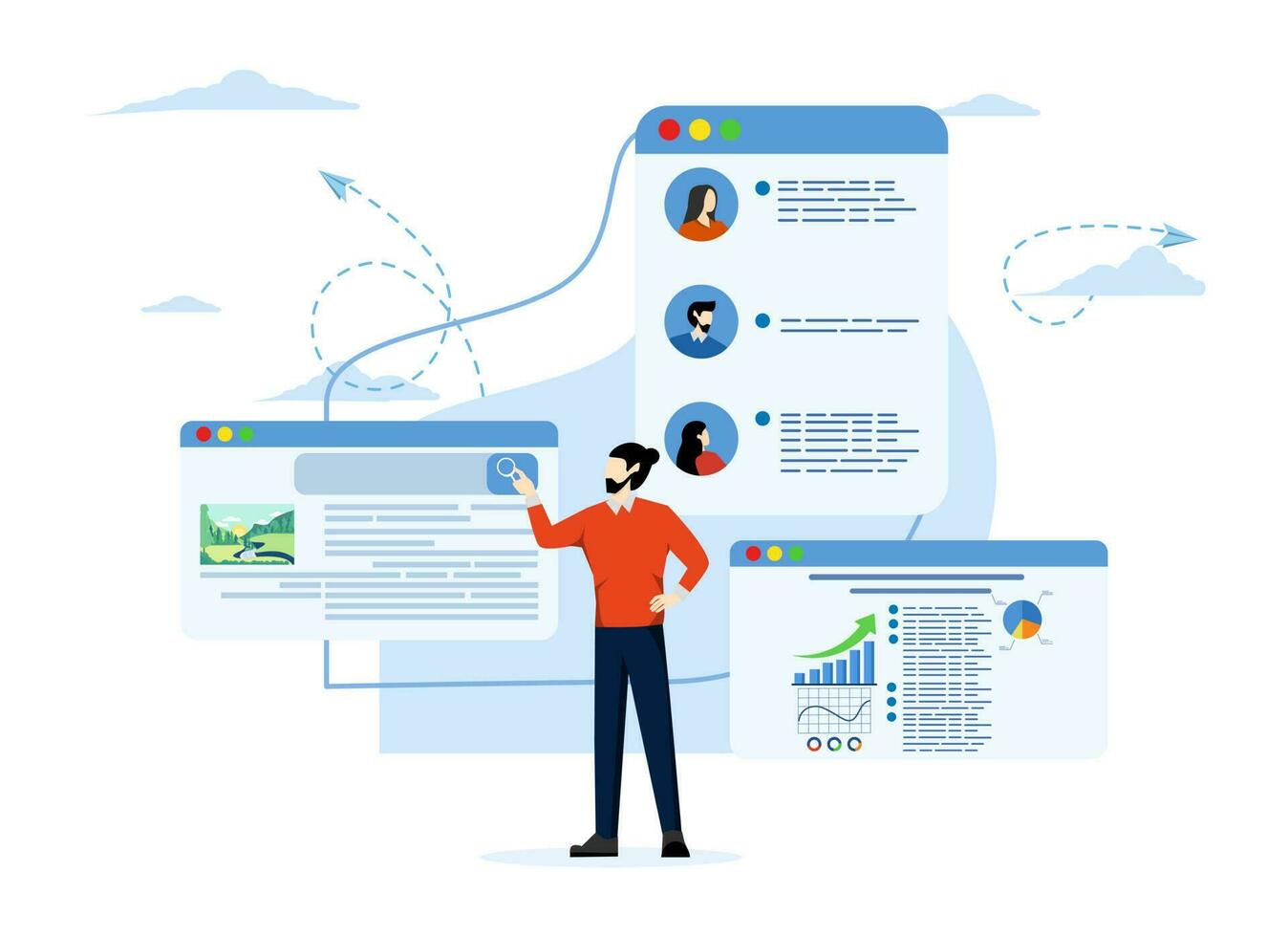 software or application to help users get their own results, online help or help, resource management or electronic auto report concept, businessman using software. vector