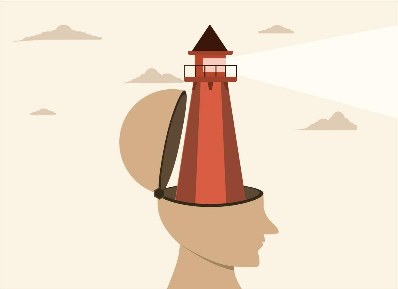 guidance or search concept, Vision to see direction, enlightenment or wisdom to discover new knowledge, solution or insight, head with house light shining brightly to see and find clues. vector