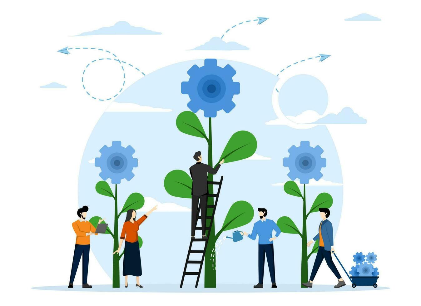 Flat vector illustration, team work to find new idea, little people start mechanism as plant, looking for new solution, creative work, cooperate in finding creative idea.