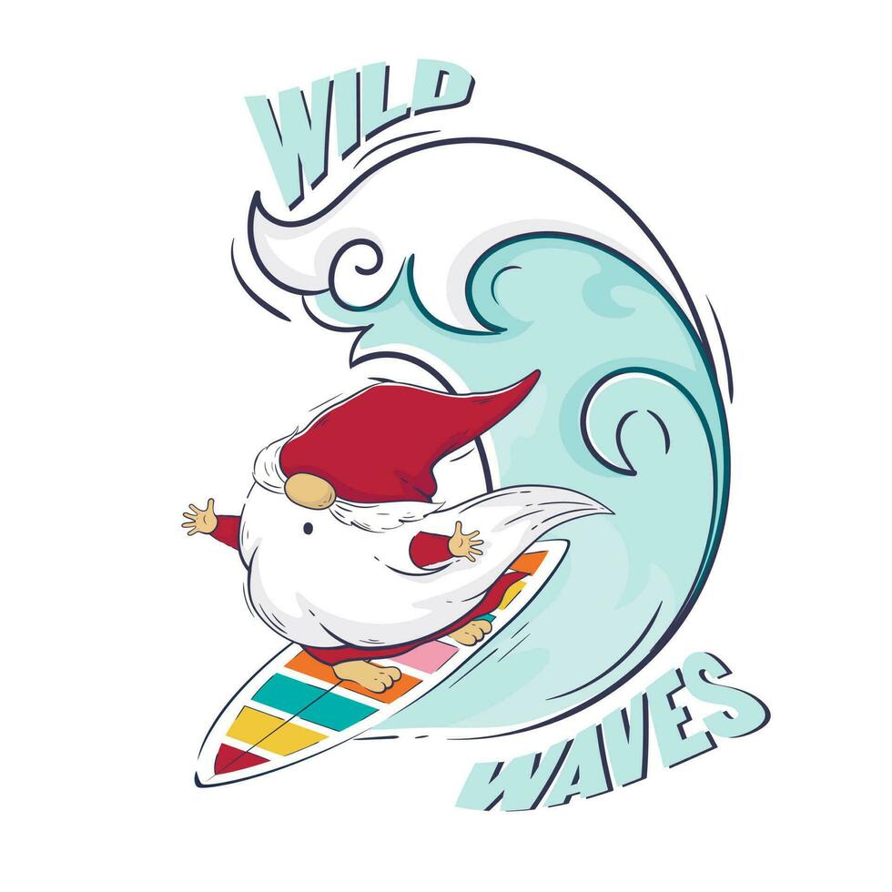 Hello summer cartoon cute gnome is surfing. Lettering wild waves. vector