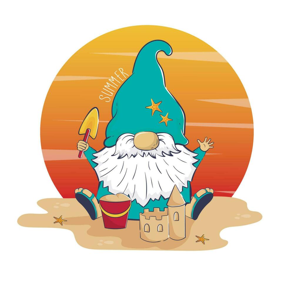 Hello summer cartoon cute  gnome builds a sand castle on the beach at sunset background. vector
