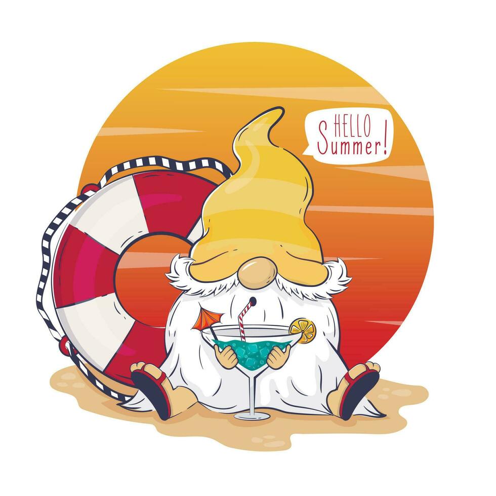 Hello summer cartoon cute leprechaun drinking a cocktail on the beach against sunset and lifeline. vector
