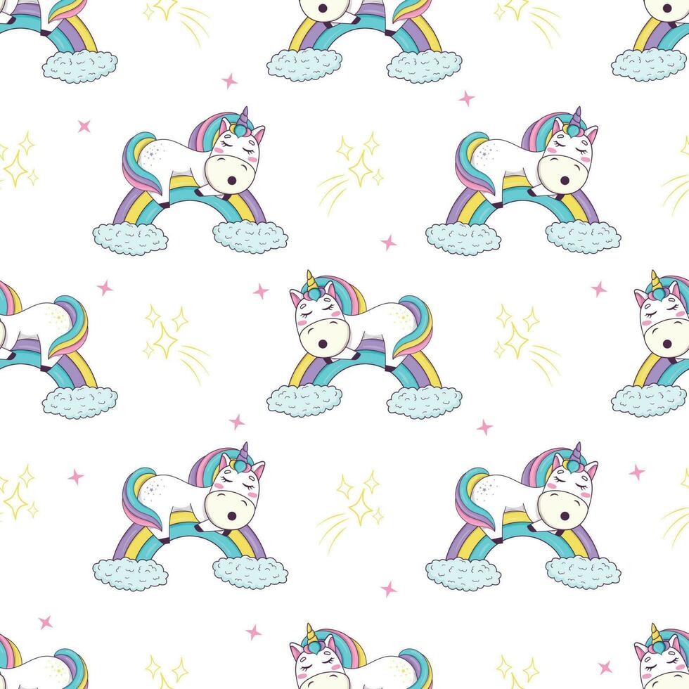 Seamless pattern with cute kawaii unicorn with rainbow mane and horn in anime style sleeping vector