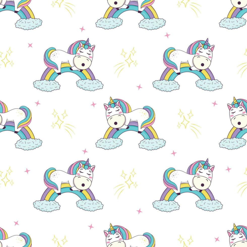 sin costura modelo con linda kawaii unicornio con arco iris melena y cuerno en anime estilo dormido vector