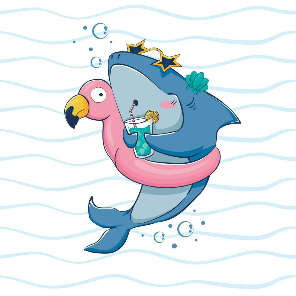 Cartoon funny shark drinks a summer cocktail in an inflatable circle in the form of a flamingo among the waves. vector