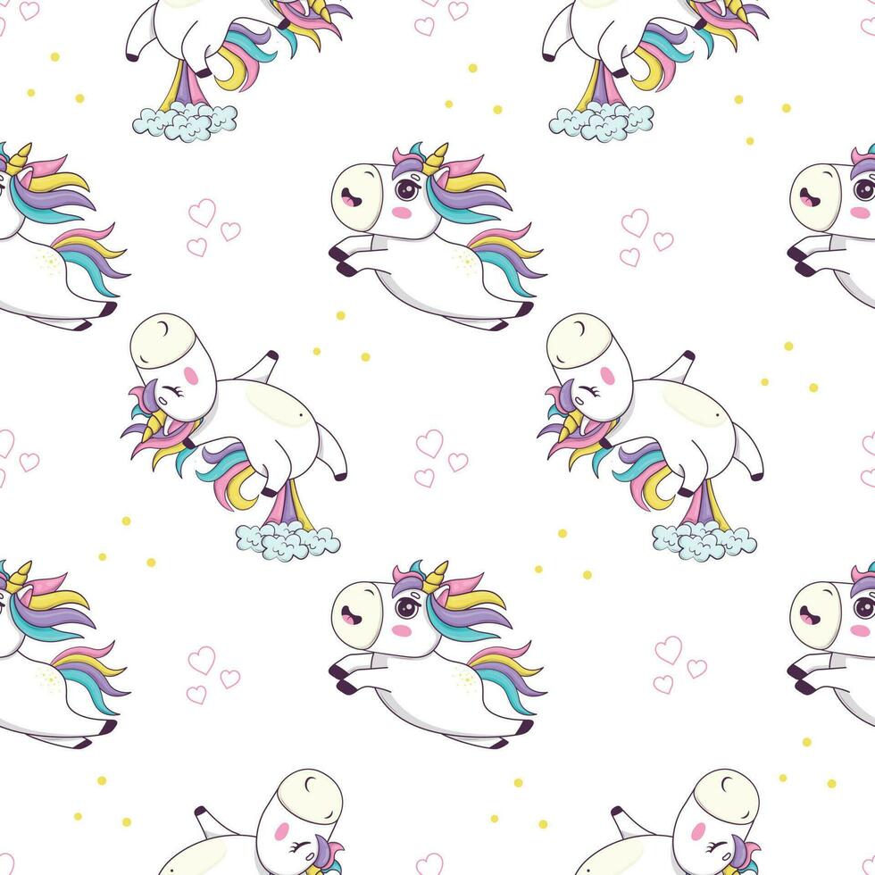 Seamless pattern with cute kawaii unicorn with rainbow mane and horn in anime style jumping and farting vector