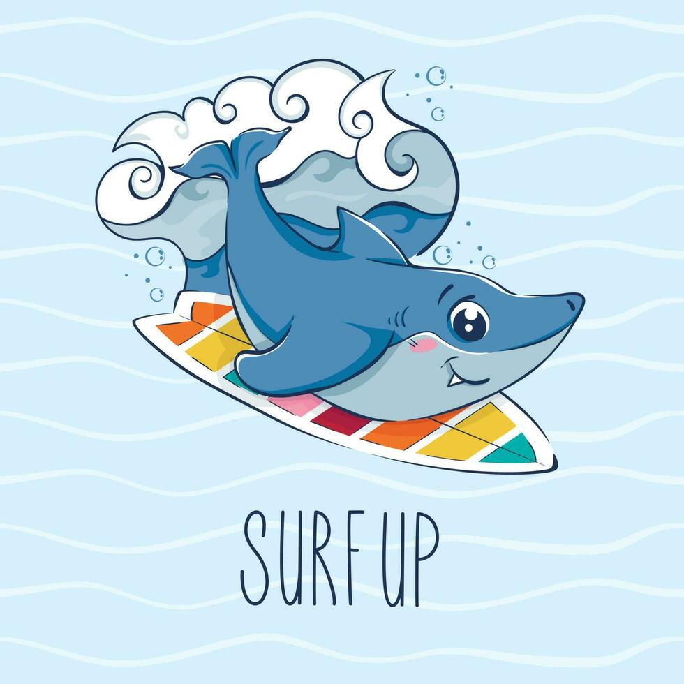 Cartoon funny shark is surfing among the waves. Postcard with the inscription surf up. vector