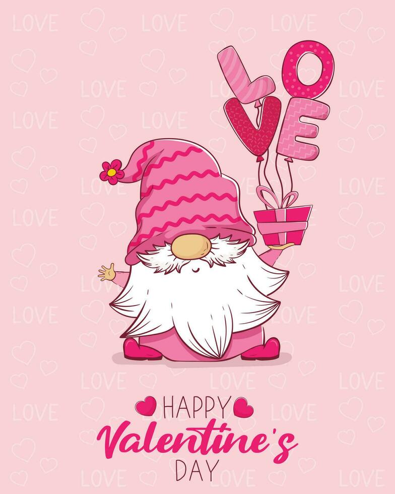 Valentine's day greeting card with cute cartoon gnome. vector