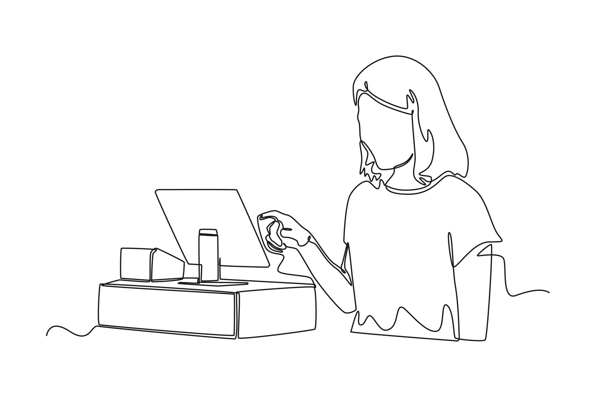 Continuous one line drawing female cashier. Business activity concept