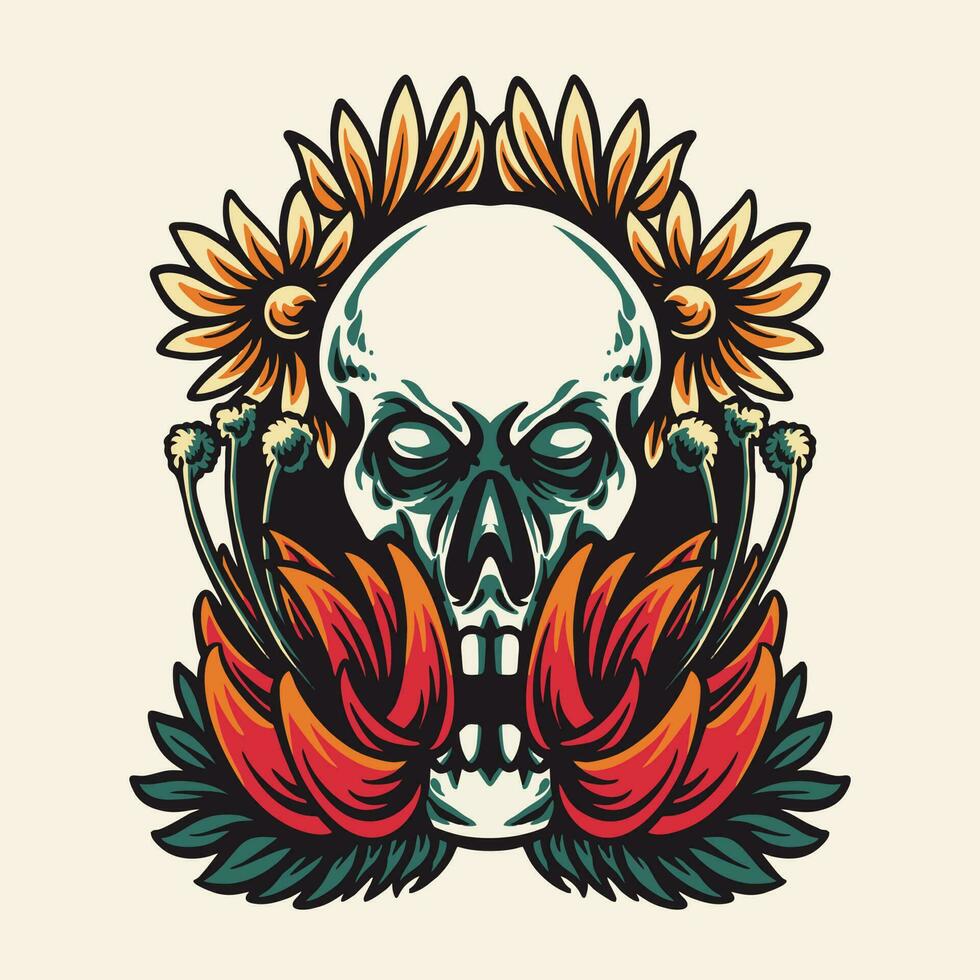 Skull and Flowers Tatto Retro Vector Illustration