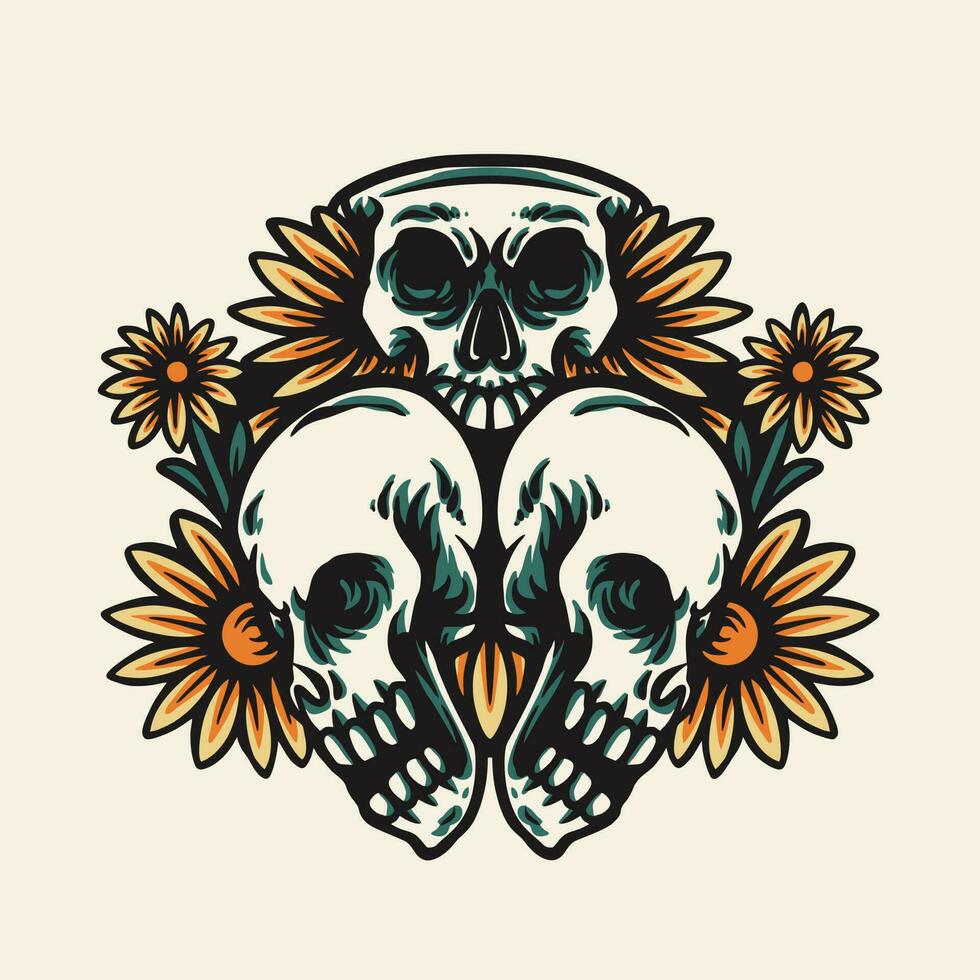Skull and Flowers Tatto Retro Vector Illustration