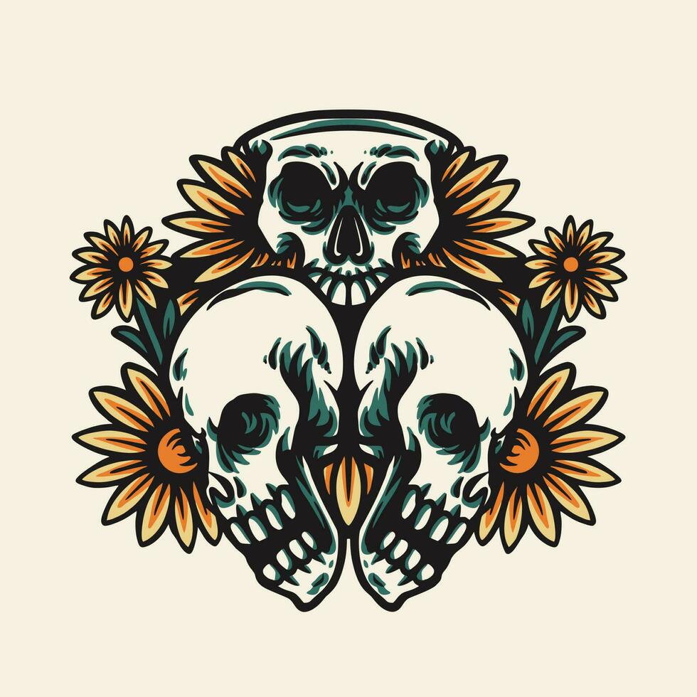 Skull and Flowers Tatto Retro Vector Illustration