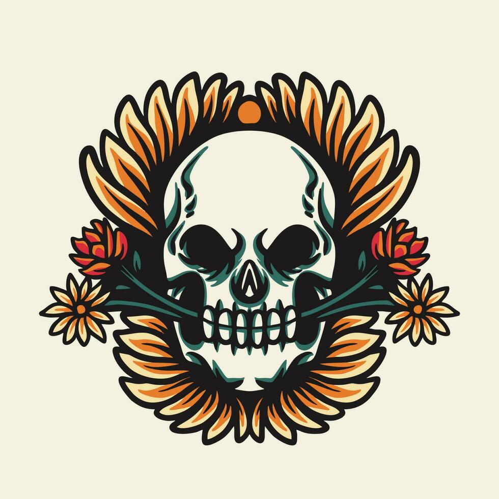 Skull and Flowers Tatto Retro Vector Illustration