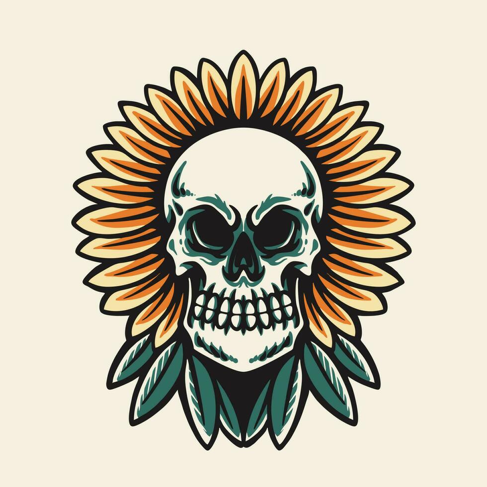 cráneo y flores tatuaje retro vector ilustración