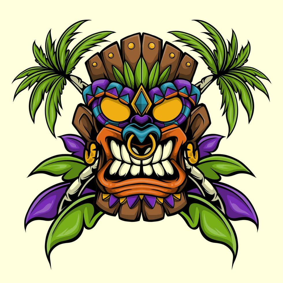 Colorful Angry Tiki Head with Leaves and Palm Tree Vector Illustration for Logo, T-Shirt, and Sticker