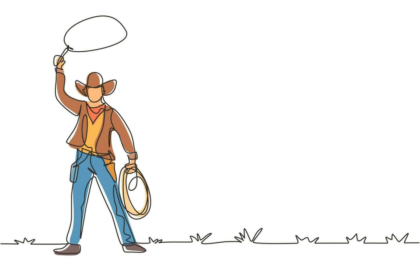 Single continuous line drawing western cowboy standing and throwing lasso and wild west elements. Man with cowboy hat and lasso at desert. Dynamic one line draw graphic design vector illustration