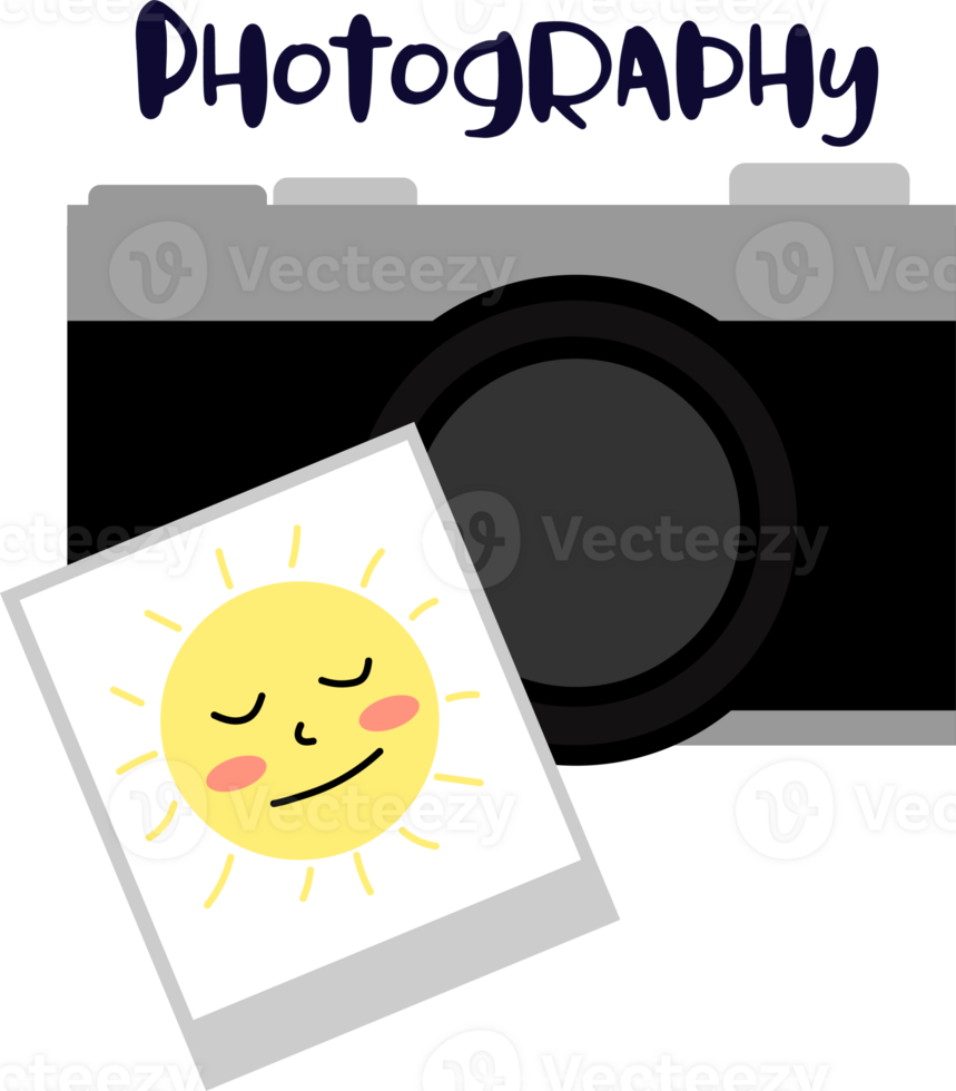 Camera cartoon style with photography text. png