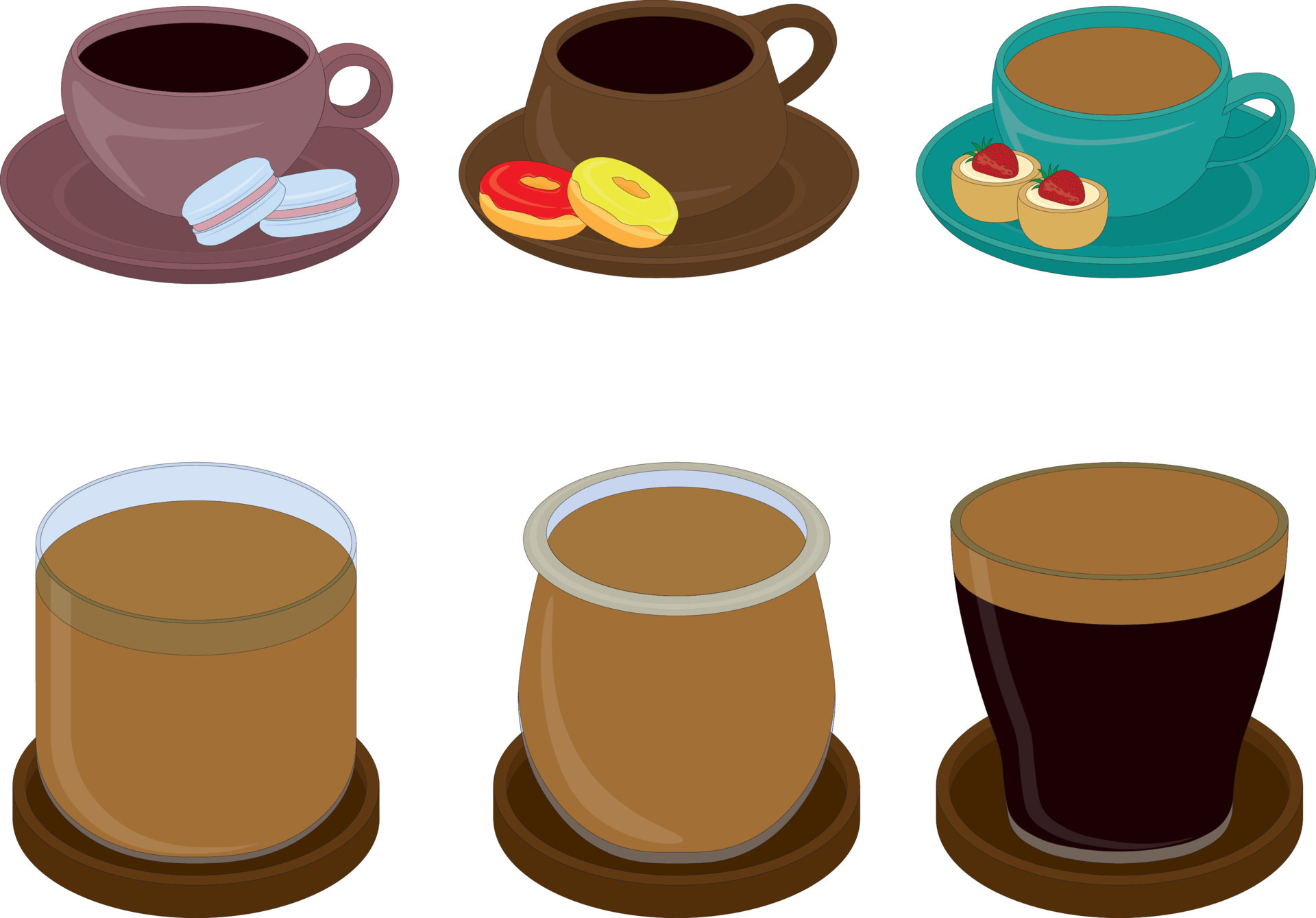 Coffee types in cups and glasses collection vector illustration