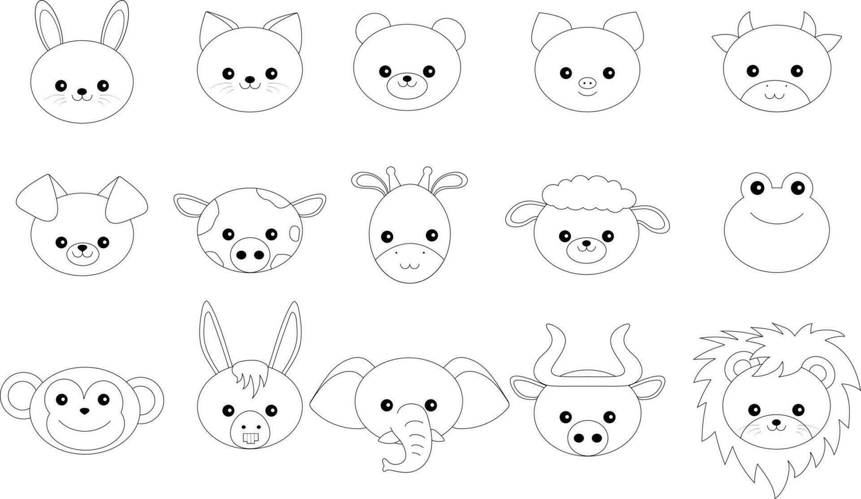 set of 15 cute animal head, Collection of 15 cartoon animal heads outline. vector