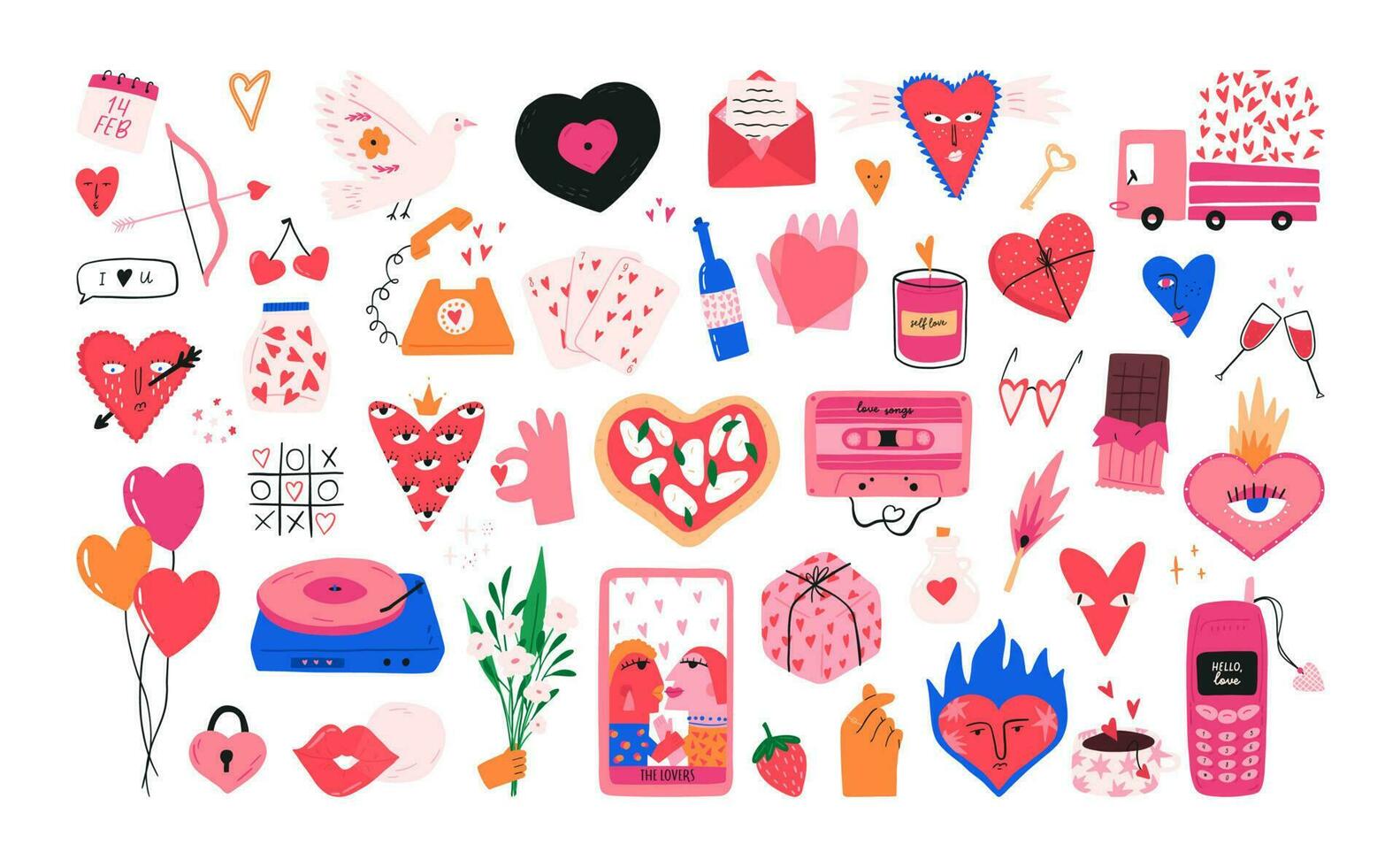 Set of hand drawn Valentine's day quirky elements - cartoon flat vector illustration isolated on white background. Colorful love symbols - hearts with funny faces, pizza in shape of heart, music tape.