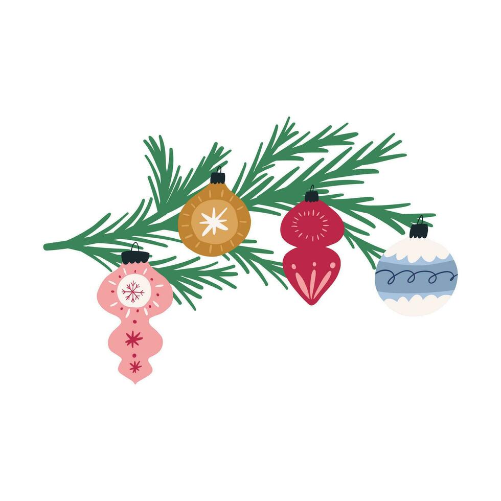 Navidad árbol rama con vistoso decoraciones, mano dibujado plano vector ilustración aislado en blanco antecedentes. abeto árbol rama con fiesta adornos