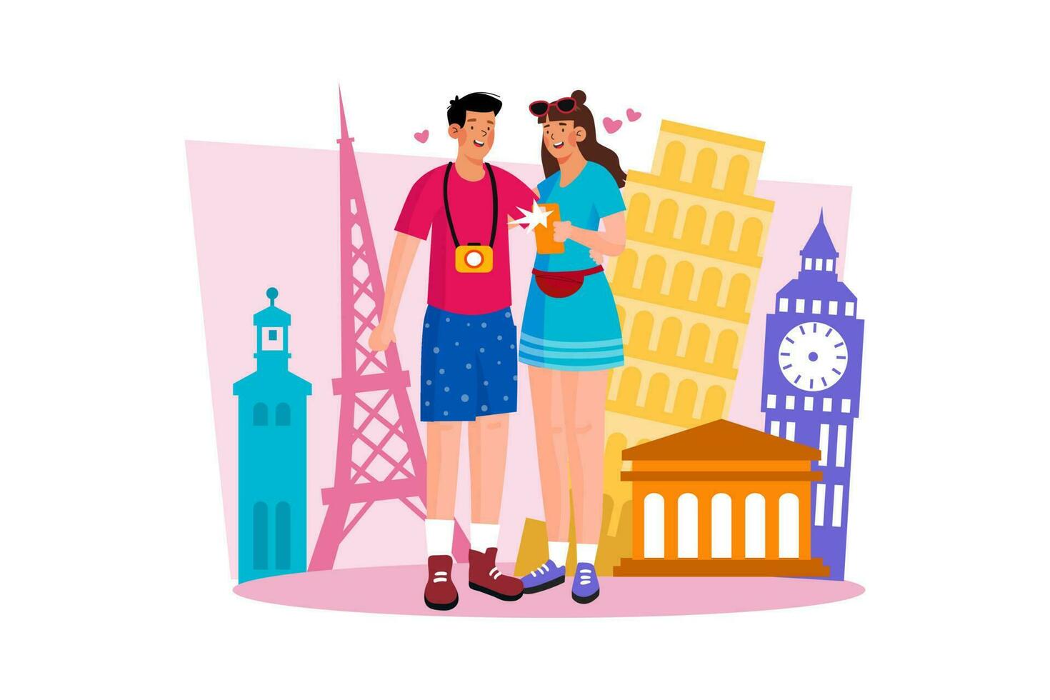 A couple takes photos at beautiful tourist spots vector