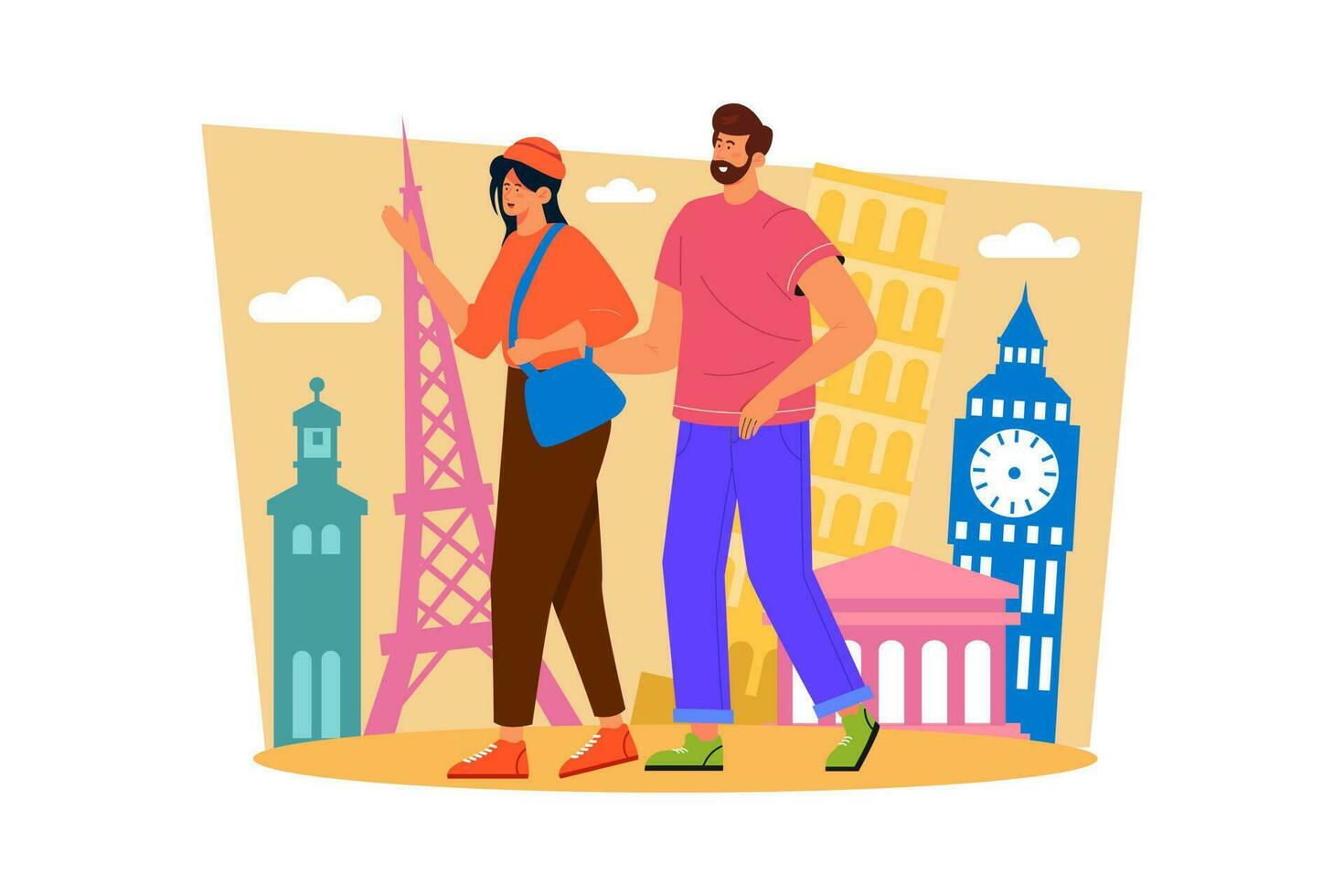 A couple spends the day exploring a new city or town together to create new memories. vector