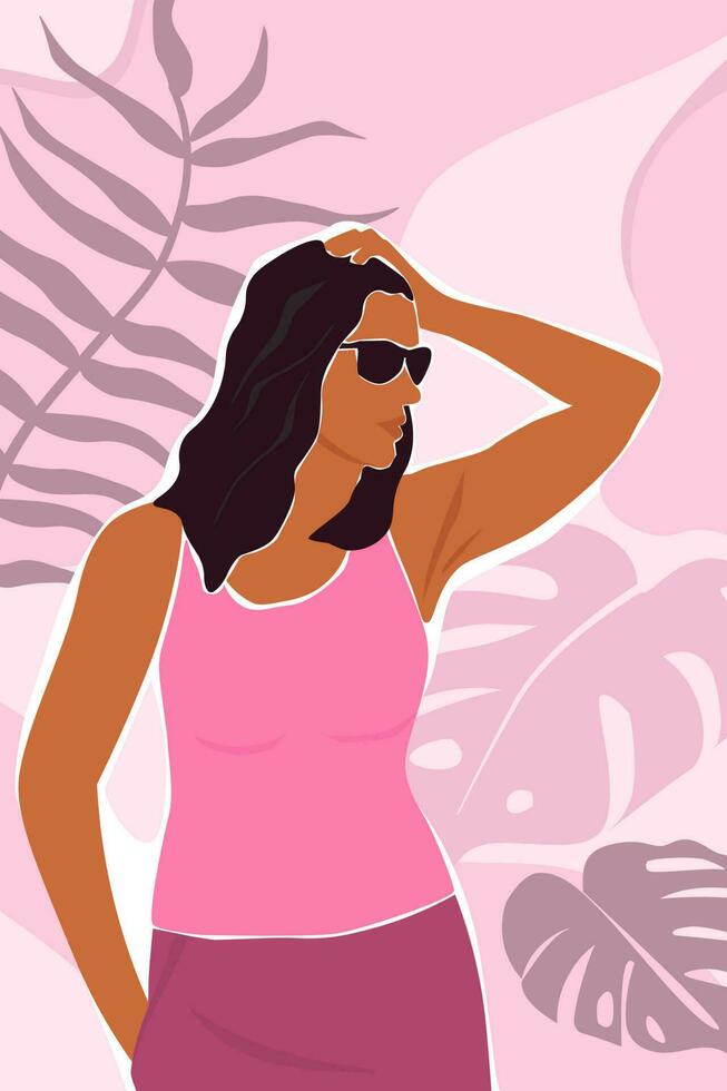 Abstract poster with a beautiful girl in glasses on a background of summer tropical leaves. Portrait of a woman in profile on vacation. Vector graphics.