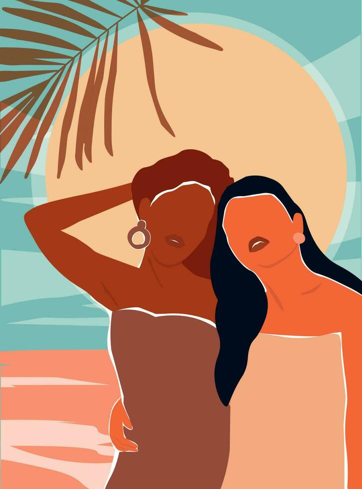 póster con resumen muchachas en ligero verano vestidos en vacaciones. mujer novias son abrazando en contra el fondo de el mar, el sol, tropical palma hojas. vector gráficos.