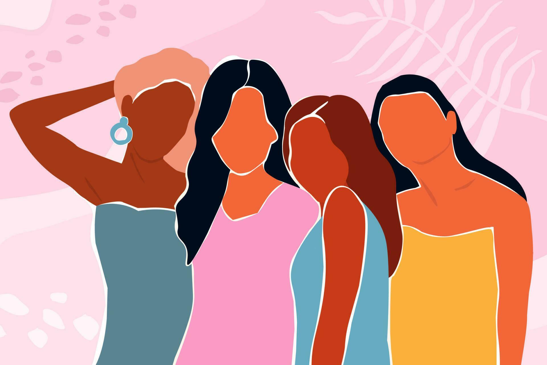 Poster with abstract girls in light summer dresses on vacation. Women