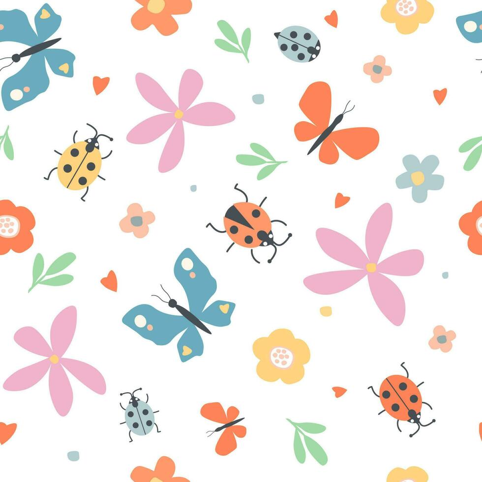 Seamless pattern with cheerful summer ornament. Ladybugs, butterflies, flowers, leaves, hearts in a simple childish nature design. Vector graphics.