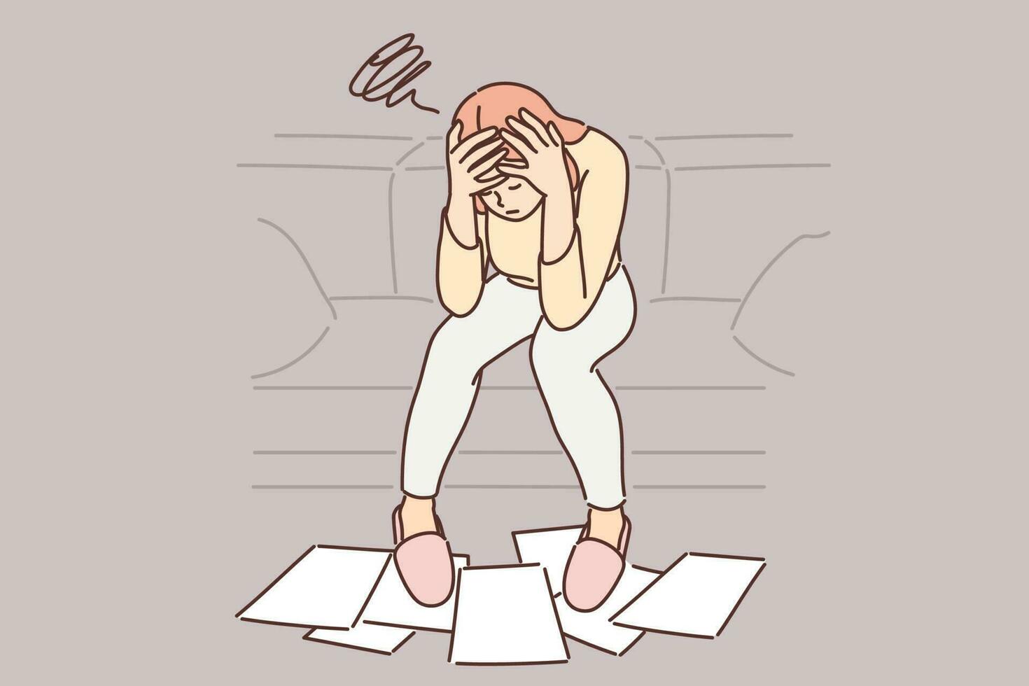 Woman frustrated with financial problems, sits with head bowed over papers scattered on floor near sofa. Girl is experiencing financial difficulties, needing government subsidies or bankruptcy. vector