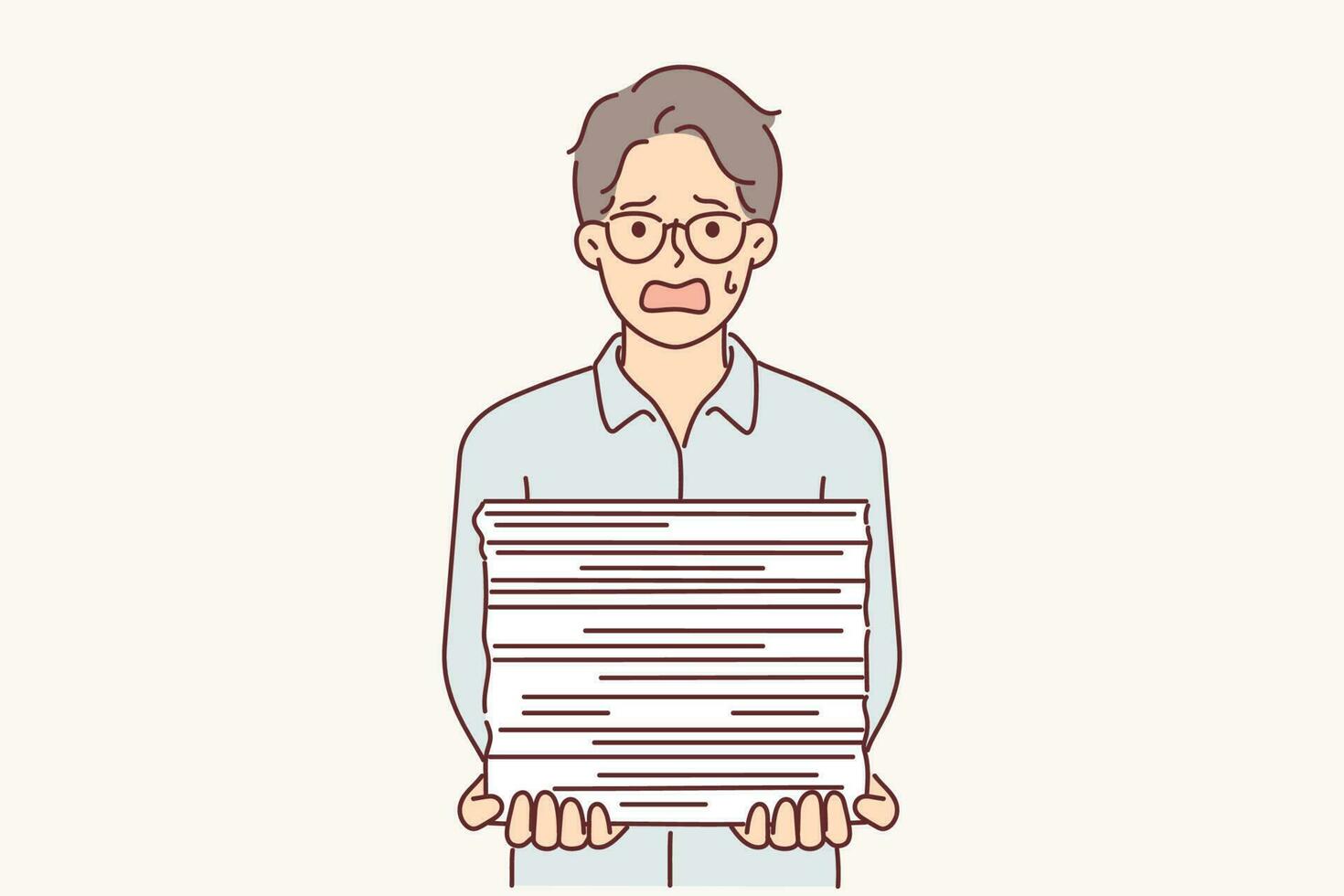 Weeping businessman with bunch of paperwork is suffering from paperwork overload and bureaucracy. Shocked man surprised by amount of bureaucracy associated with lack of digitalization document flow vector
