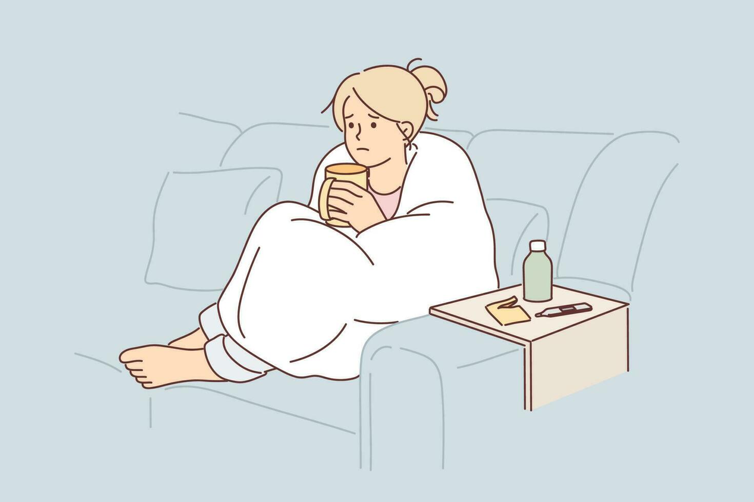 Woman sick with flu wrapped in blanket sits on couch and drinks hot decoction of herbs to get rid of infection. Unhappy girl is suffering from flu outbreak and is waiting for doctor to arrive. vector