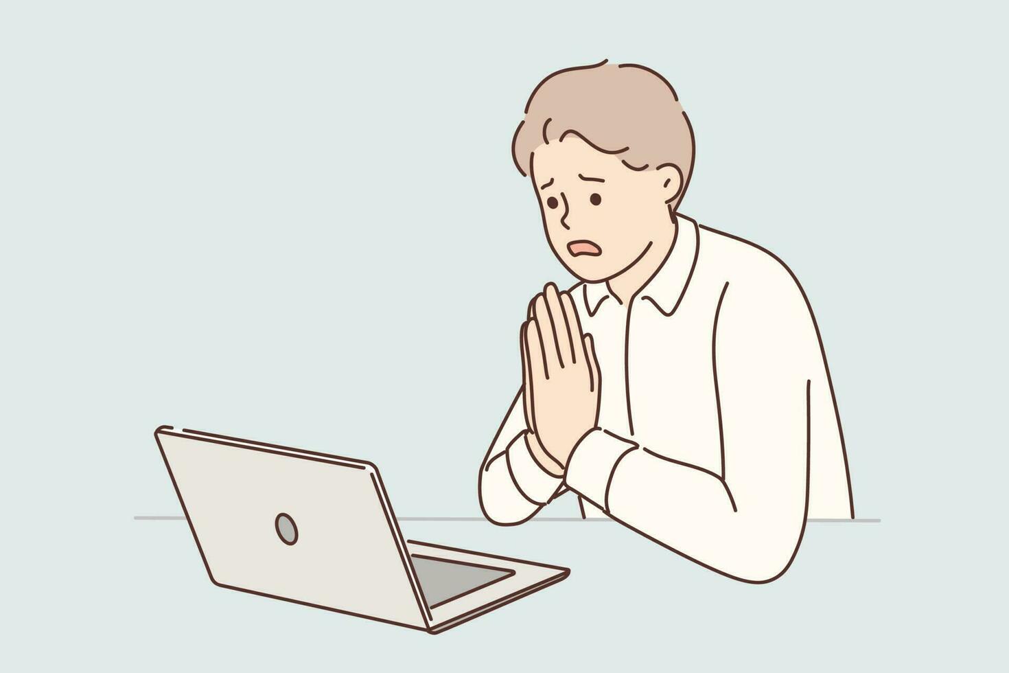 Man manager prays sitting at table with laptop asking god for help after making mistakes in project. Guy office worker prays talking with partner on video link forgiveness for breach of agreements vector