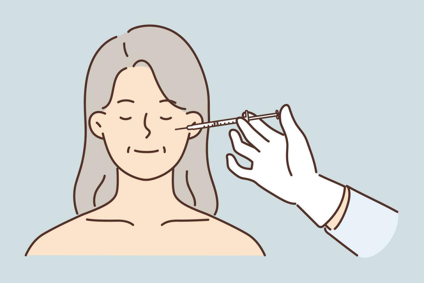 Face of elderly woman and syringe for cosmetic services and use of skin lifting or getting rid of wrinkles. Elderly lady is injected with injection of cosmetic product during rejuvenating procedure. vector