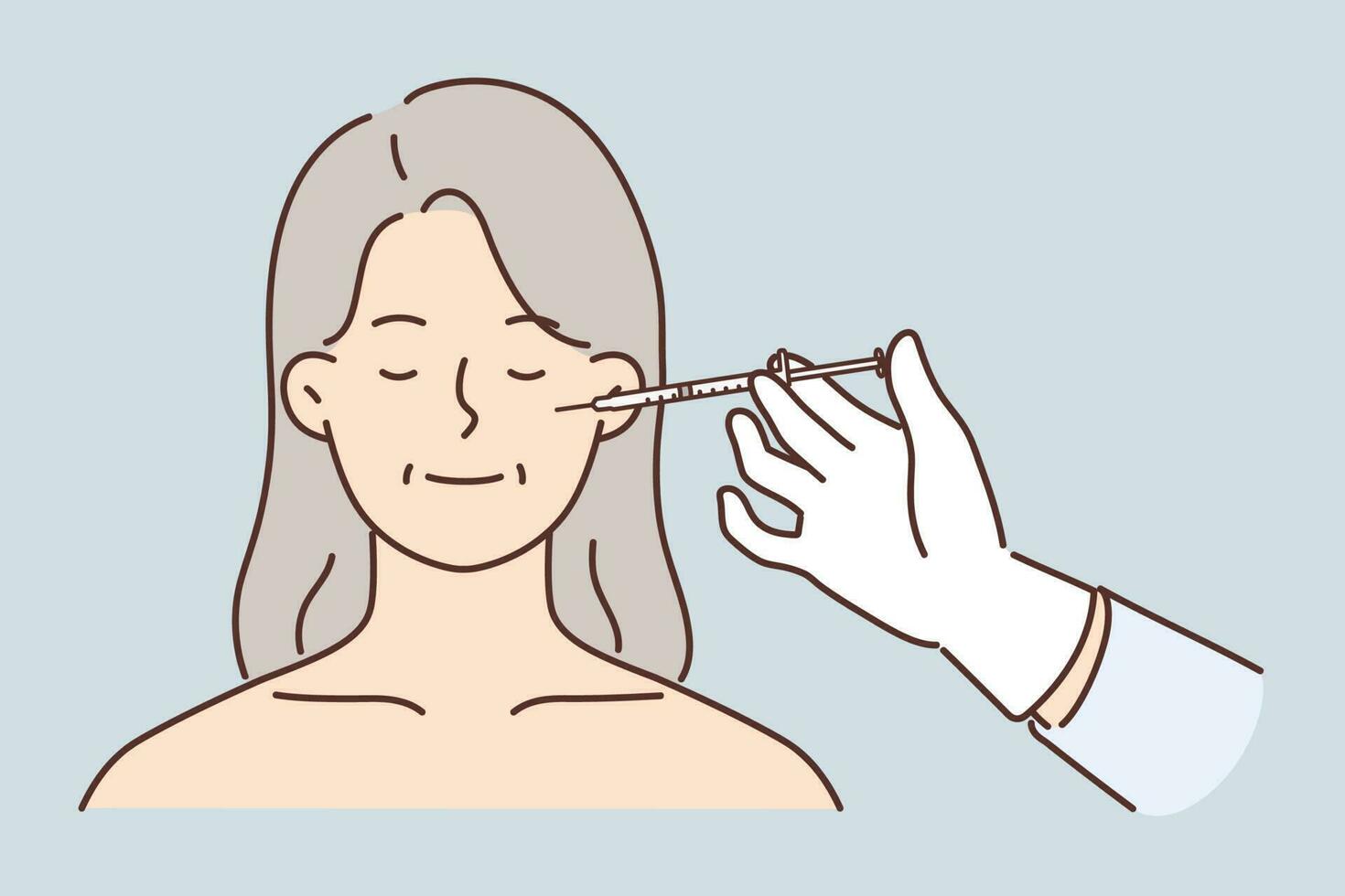 Face of elderly woman and syringe for cosmetic services and use of skin lifting or getting rid of wrinkles. Elderly lady is injected with injection of cosmetic product during rejuvenating procedure. vector