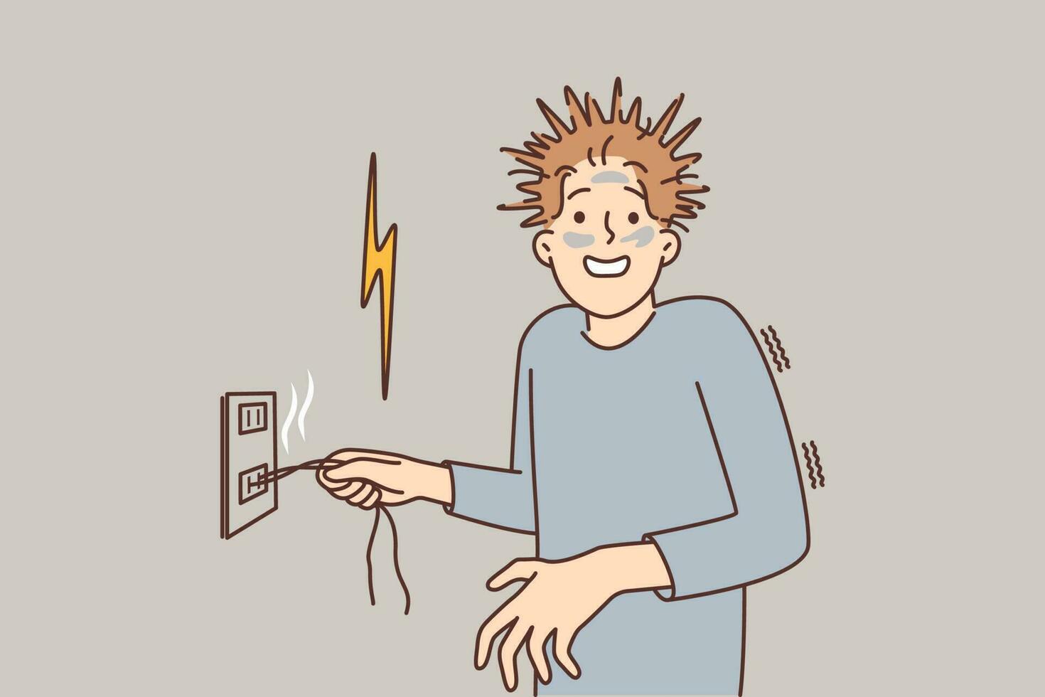 Man received electric shock with shaggy hair is holding on to wire sticking out of outlet. Guy experienced electric shock after short circuit associated with poor-quality electrical equipment vector